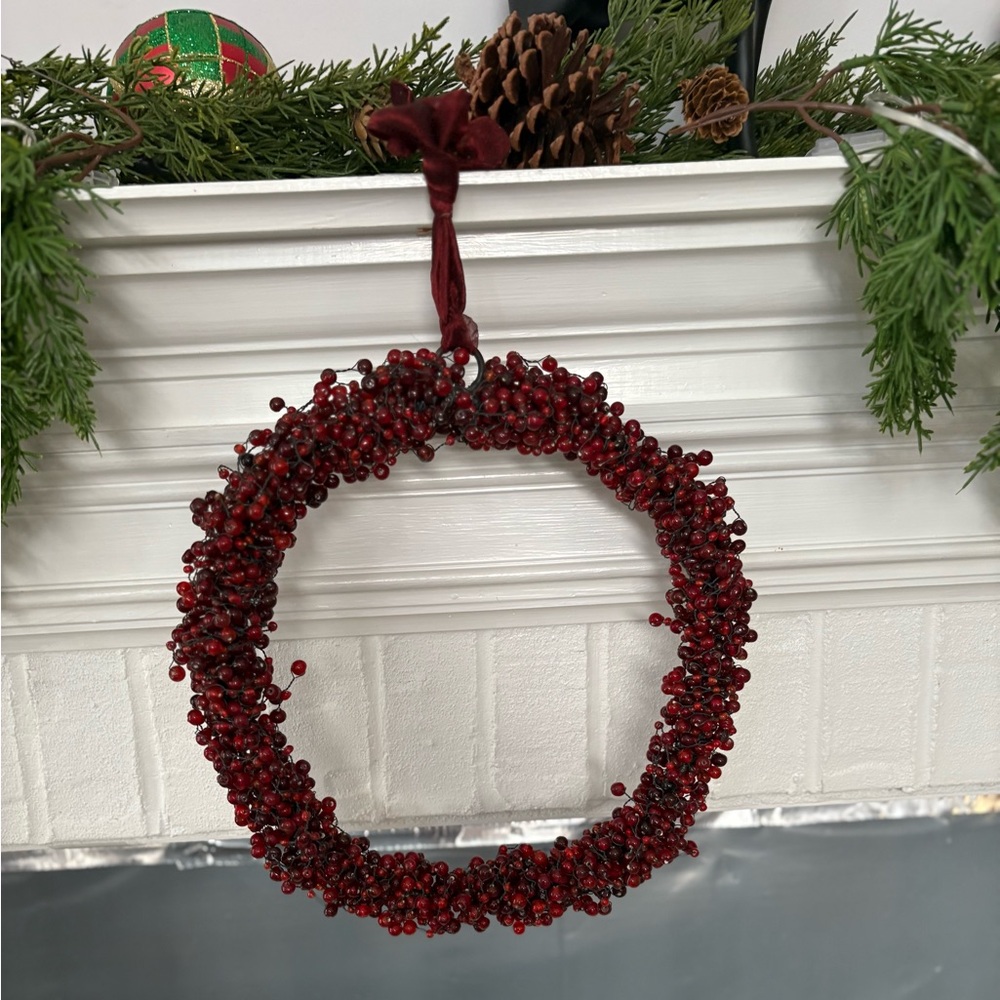 New Pottery Barn Red Beaded Wreath w/Ribbon 11” X 11”